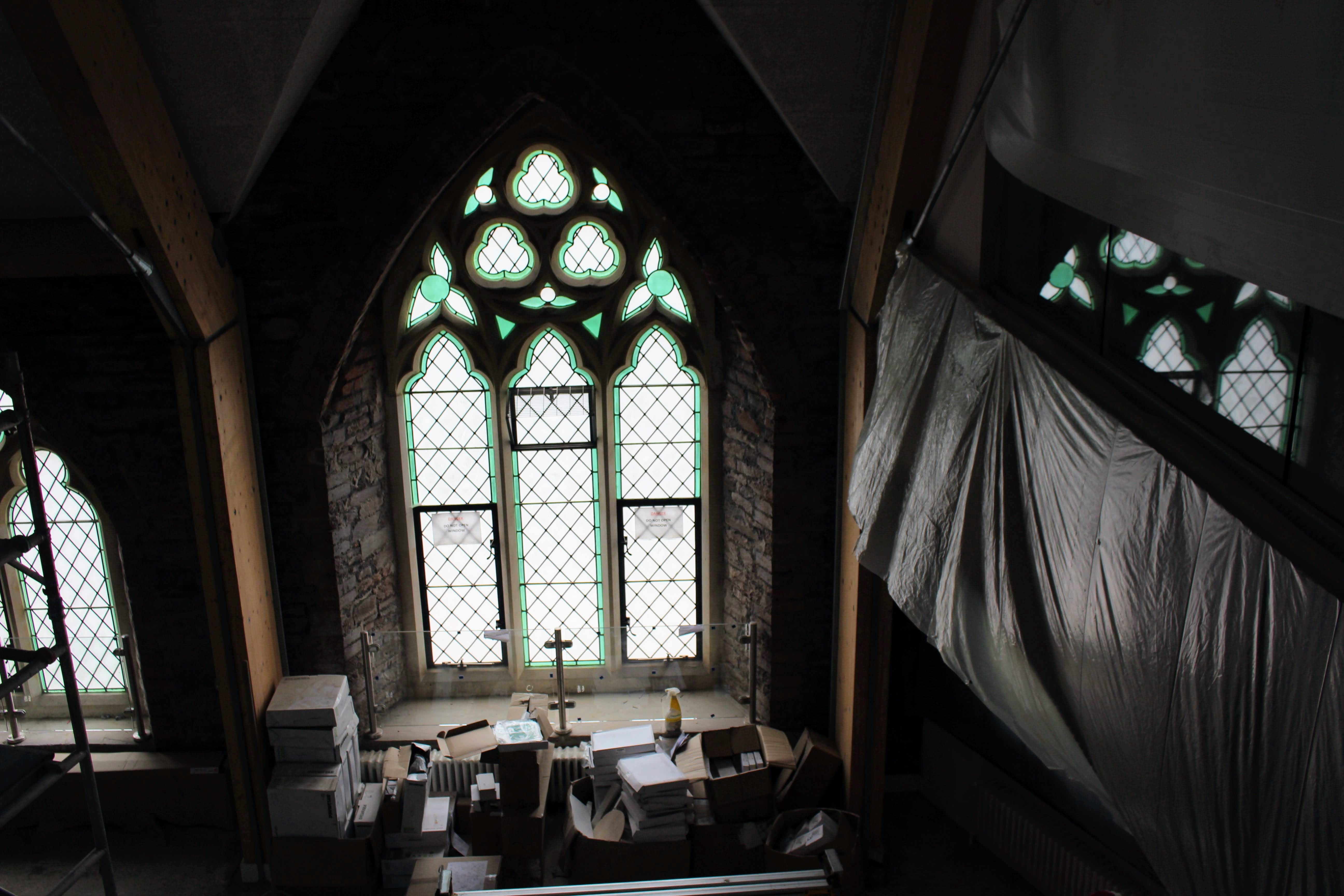 A stained glass window in the restored Bethel Church in Newport.